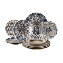 신혼 그릇세트 MÄSER 934017 Iberico Blue 4인용 무어 스타일 디너 세트 다양한 빈티지 패턴의 화이트와 블루 접시 석기, 저녁식사 서비스