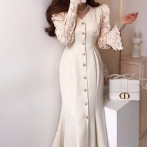 [랜덤플레이] 레이스 소매 진주 단추 머메이드 라인 원피스