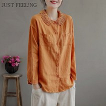 JUST FEEL!NG 3040대 여성용 레이스 긴팔 셔츠 루즈핏 데일리 빅사이즈 셔츠넥 패션 무지 블라우스