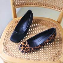 리얼 송치 스퀘어 힐 펌프스 호피구두 미들힐 4cm