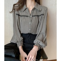 한블리 pick 블랙 레이스 미니 체크 블라우스 세미 정장 코디 직장인 출근룩 데일리 블라우스