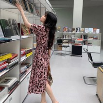 여자 사랑스러운 레오파드 뒷트임 허리끈 벌룬 롱원피스