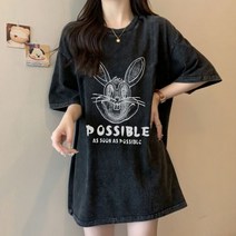 여성 면 100% 코튼 워싱 구제 반팔 여름 티셔츠 빈티지 캐릭터 루즈핏 라운드티