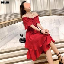 DFMEI 스커트 여름 옐로우 쉬폰 비치 바캉스 일자 어깨 원피스 여
