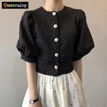 퀸앤조이 진주단추 자카드 퍼프소매 숏 블라우스 자켓***판매자 퀸앤조이***