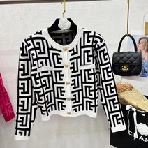 런던 플랏 가르송 니트 자카드 카디건 스웨터 여성 골드 버튼 빈티지 슬림 재킷 긴 넥