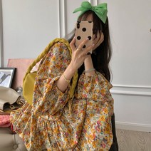 패션 소개팅 레이스 허리라인 세련된 잔꽃 루즈핏 훈녀 미디 프릴원피스 가을