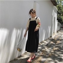 소이 면 플레어 멜빵 롱원피스 (beige black)