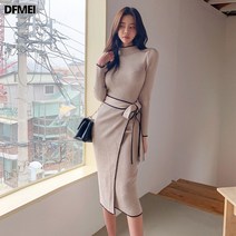 DFMEI 가을 겨울 하프 하이 칼라 슬림 중간 길이 넥타이 허리 니트 스웨터 드레스 여성