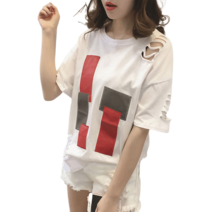 베러댓걸 5127 - 어깨찢김 네모패치 반팔 티셔츠