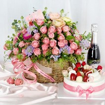 [생일꽃케익배달] 나루플랜트 플라워베어 장미곰돌이 조화 로즈베어 여자친구 선물, 핑크