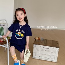 에모베베 소녀 반팔 원피스 중롱 티셔츠 2022 여름 어린이 캐주얼 캐릭터 프린트 스커트 T