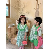 D898 북유럽풍 상큼발랄 놀이공원룩 큐티 러블리그린 체크 여아원피스 남아반팔반바지 세트