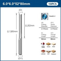 2 플루트 스트레이트 엔드 밀 cnc 라우터 비트 10pcs 46mm 나무 mdf 플라스틱 카바이드 밀링 커터 스트레이트 슬롯 비트 용 생크, 10개 6x6x52