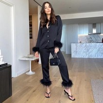 tossy 2022 casual two piece pants set for women 블랙 플리스 모피 긴 소매 탑 셔츠와 바지 정장 여성 패션 파티 슈트