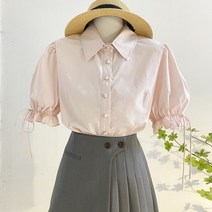 여성셔츠블라우스 디자인감 풍선소매 프랑스식 밴딩 색다른 반팔 셔츠 상의. 여성 상의