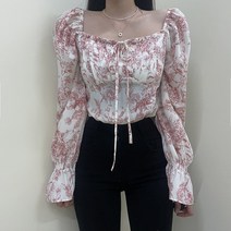 VANANA2 여성 스퀘어넥 긴소매 퍼프 셔링 플라워 패턴 오프숄더 블라우스 3color