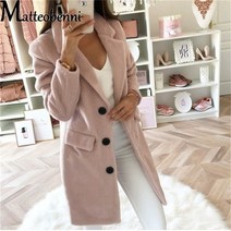 역시즌 패딩 롱패딩 단색 정장 칼라 중간 길이 더블 브레스트 캐주얼 긴팔 모직 코트