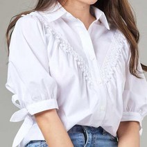 여성 반팔 루즈핏 리본 카라 프릴 셔츠 블라우스;A35CE9