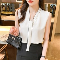 쇼매인 루즈핏 오피스룩 민소매 탑 새틴 리본 여자셔츠 여성블라우스