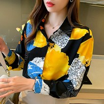 현물 봄철 분위기 통근 빅 플라워 셔츠 빈티지 프린트 쉬폰 블라우스 여긴팔