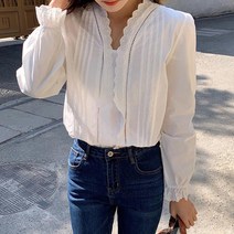 노카라 셔츠 여성 러블리 한 블라우스 화이트 레이스 프릴 브이넥
