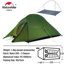 Naturehike초경량 텐트 패브릭 캠핑텐트 2 인, 2.20D - Forest Green
