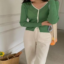 여자 브이 여리한 슬림 세로골지 울텐셀 니트 가디건