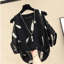 오픈숄더블라우스룩 여성의류 전문점 철수함 캐비닛의 꼬리 부분 화물 반팔 깃털 자수 오프숄더 어깨트임 2310533456