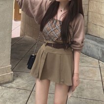 볼레로 가디건 체크탑 벨트세트 플리츠 스커트 쓰리피스 세트 브라운