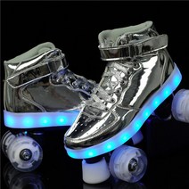 새로운 스타일 Led 충전식 7 다채로운 빛나는 이중 행 4 바퀴 롤러 스케이트 Patines 야외 남성 여성 신발, 은, 34