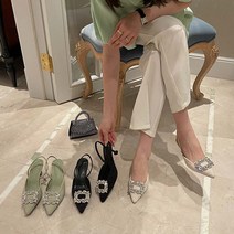 2022 라이트 컷 검은 지적 뒤꿈치 중반 여름 Baotou 다이아몬드 버클 샌들 진짜 34반 슬리퍼