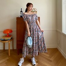 퍼니걸스 6456 오프 숄더 플라워 쉬폰 A라인 밴딩 롱 여성 원피스 여성의류