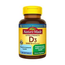 멀티비타민 Nature Made Extra Strength Vitamin D3 5000 IU (125 mcg) Dietary Supplement for Bone Teeth M, 360 Count (Pack of 1)
