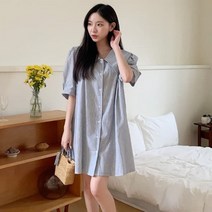 디작소 여성 빅카라 스트라이프 반팔 미니 원피스