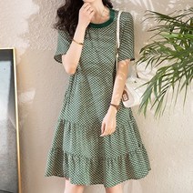 잇츠스타일 여성 라운드넥 기하학 꽃무늬 패턴 그린 반팔 루즈핏 키작녀 빅사이즈 캉캉 미디원피스