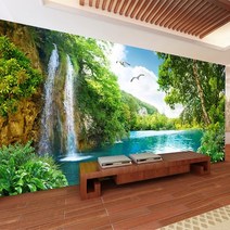 입체벽지 포인트 벽지 3d 벽 벽화 홈 장식 녹색 산 폭포 자연 풍경 3d 사진 벽, 1㎡