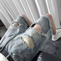 바지 남성 루즈한 찢어진 청바지 남성 여름 얇은 반바지 남성 5부 팬츠 트렌디한 올 매치 거지 남성 바지