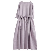 벨트미니원피스 일본스타일 반팔 린넨 여성원피스 허리띠 허리밴딩 플레어 라운드넥 5부소매 롱스커트 2022봄여름 무역
