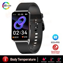 남녀공용 방수 혈당 모니터 스마트 워치 ECG PPG 혈압 측정 온도계 숙녀용 스마트 워치 2023 신제품, 없음, Black