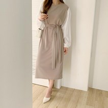 여자 하객룩 쉬폰 퍼프 배색 리본 스트랩 롱원피스