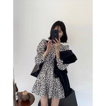 POMTOR 봄 퍼프소매 땡땡이 프릴 도트 미니원피스