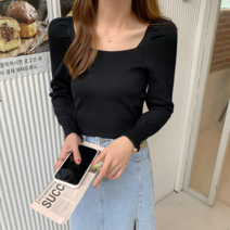 데이홀릭 여성용 봄 가을 겨울 스웨터 퍼프소매 스퀘어넥 숏 긴팔니트 브이넥