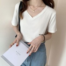 SJW 여성 반팔 티셔츠 브이넥 무지티 슬림핏 풀오버 상의 베이직 봄 여름 빅사이즈 L~4XL