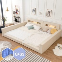 고릴라가구 허그 LED 패밀리침대 [양쪽가드형Q+SS]+독립 볼라텍스50매트 포함, 베이지