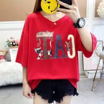 100169C 여성 브이넥 CAT 레터링 루즈핏 반팔티