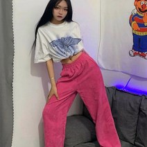 핫핑크바지 스트레이트 바지 세련된 하라주쿠 핑크 코듀로이 레트로 스트리트웨어 심플 전체 길이 신축성있는 용 바지
