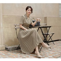 여름 식 분위기 슈트 칼라 수수한 웨이스트 플리츠 스윙 스커트 직장용 원피스