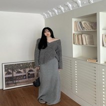느슨한 브이넥 캐주얼 니트 스웨터 롱 스커트 투피스 세트