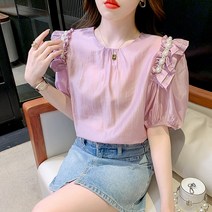 여름 반팔 셔츠 주문 비즈 목 귀 퍼프 블라우스